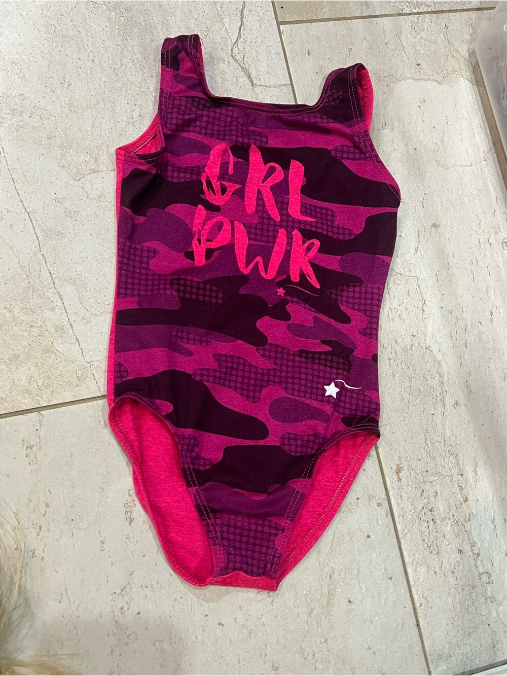 Destira gymnastics leotard, child size XS, Girl Power Pink Camo